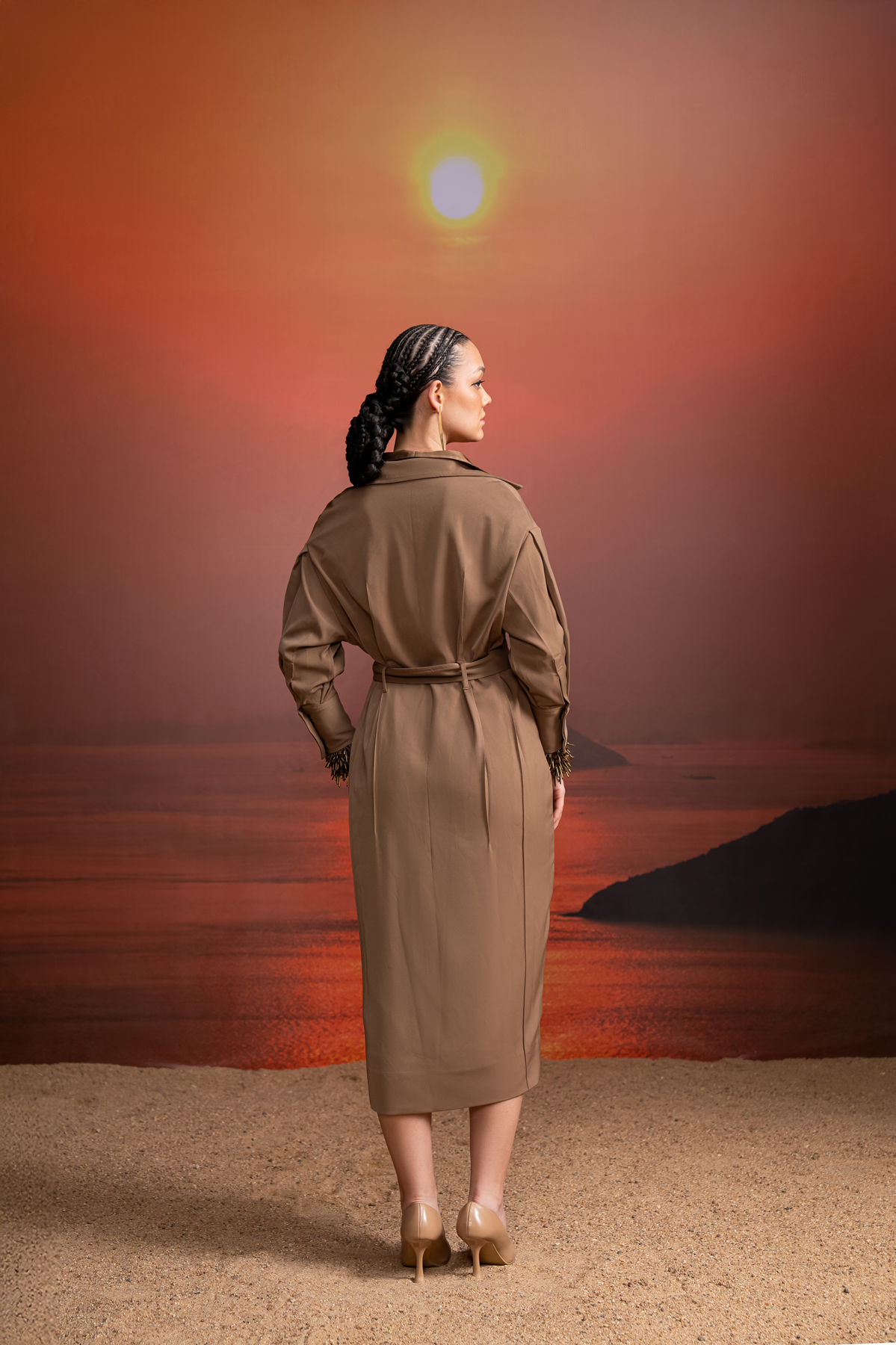 Elegant Beige Shirt Dress with Adjustable Belt & Beaded Spiked Cuff Inner Dress - Perfect for Office Wear, Date Nights and Special Occasions