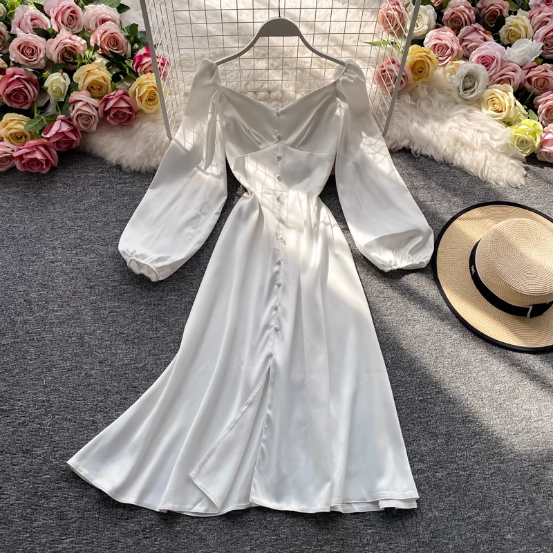 Elegant French Midi V-Neck Long Sleeve Summer Dress for Women - Perfect for Beach Vacations, Garden Parties & Date Nights