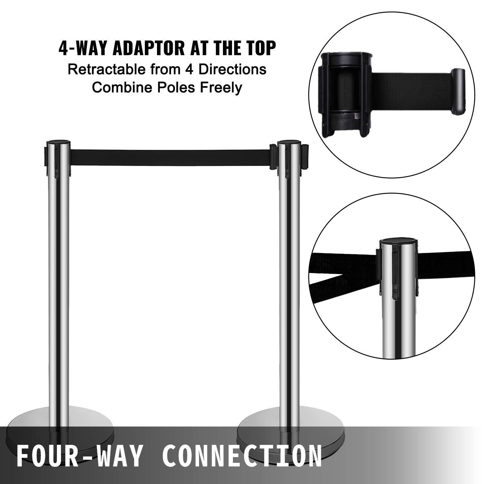 6 Pcs Stainless Steel Stanchion Posts with 6.5' Retractable Belt Rope - 36In Black Crowd Control Barriers for Events, Parties & Queue Management - Durable Silver Queue Poles for Indoor/Outdoor Use
