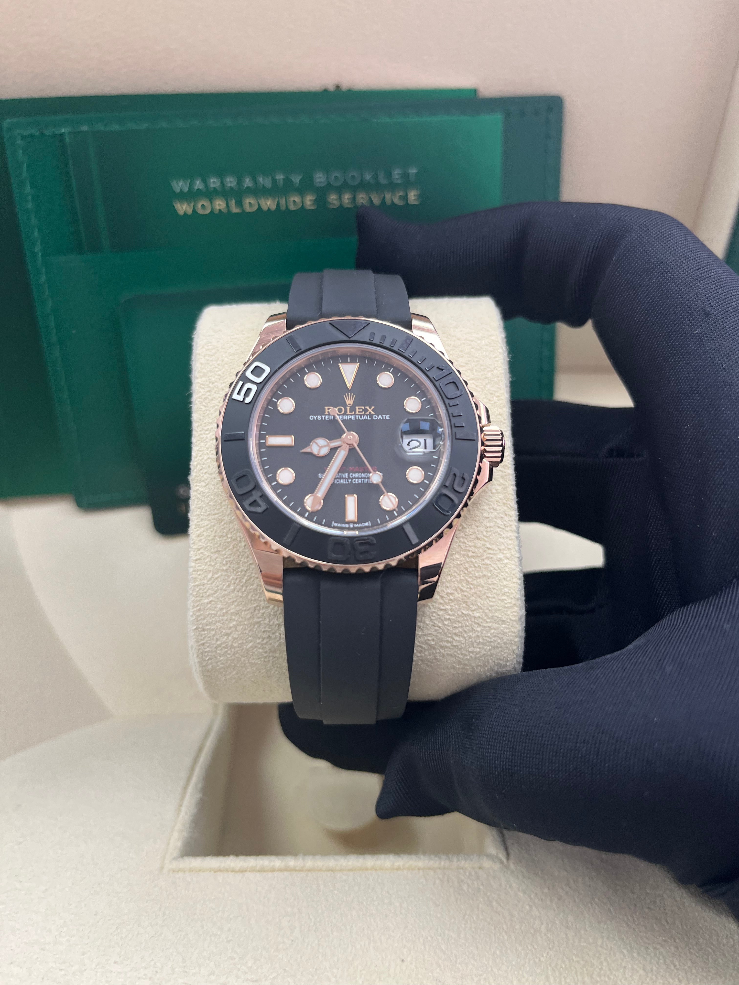 Rolex Yacht Master 37mm Rose Gold Black Dial Oysterflex Strap Watch Ref# 268655 - Luxury Sports Timepiece for Sailing, Yachting & Everyday Wear