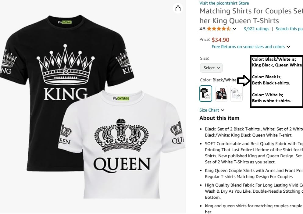 King and Queen Matching Couple T-Shirts Set - His & Hers Romantic Outfits - Perfect for Anniversaries, Date Nights, and Valentine's Day Gifts