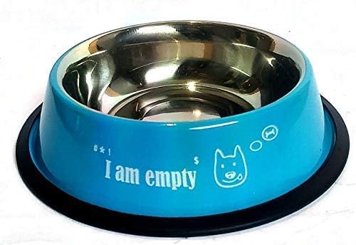 Stainless Steel Pet Bowl with Paw & Bone Print - Non-Slip Rubber Base for Dog & Cat Food/Water - Large Blue Pet Feeder for Home, Travel & Outdoor Use