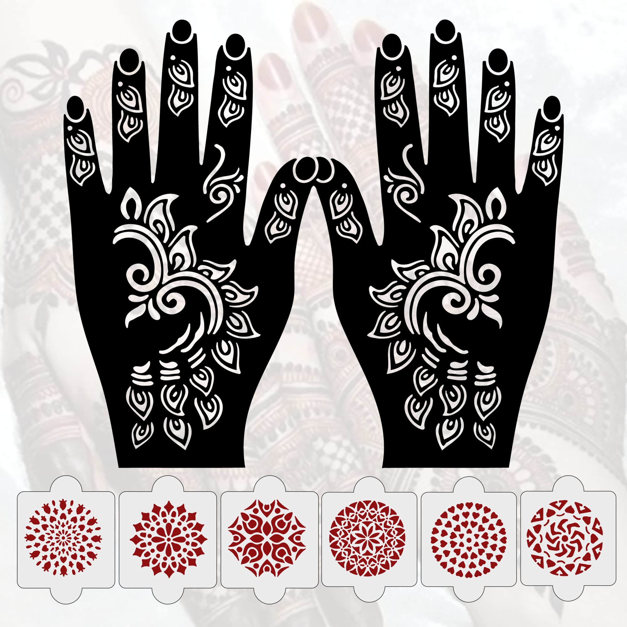 8-Piece Henna Tattoo Stencil Kit - 2 Henna Stencils & 6 Reusable PVC Laser-Cut Stencils for Women, Girls & Kids | Easy Application for Full Hand Mehndi Designs | Perfect for Weddings, Festivals & DIY Body Art (IVNH-1115)