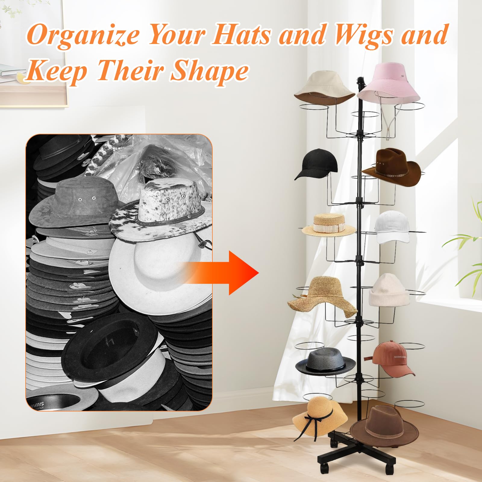 6-Tier Metal Hat Rack Stand with 30 Hooks - Freestanding Rotating Display for Hats, Wigs & Accessories | Modern Retail Store & Home Closet Organization Solution