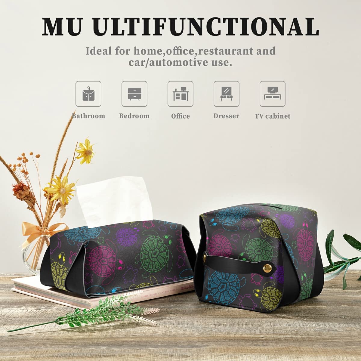 Colorful PU Leather Tissue Box Cover with Hanging Loop - Rectangle Facial Tissue Dispenser for Bathroom, Bedroom Nightstand & Office Desk Organization