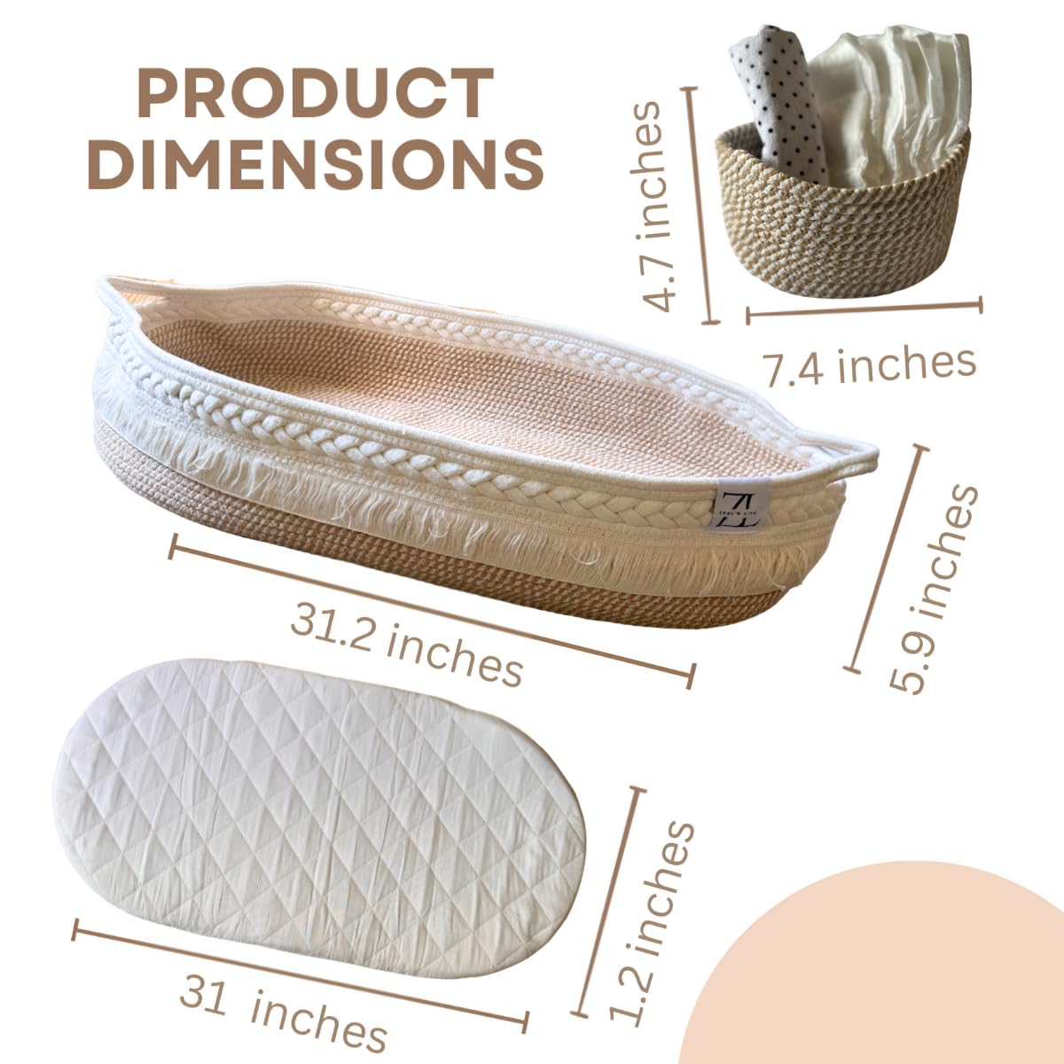 ZEAL'N LIFE Portable Baby Changing Basket with Diaper Storage, Soft Blanket & Waterproof Changing Pad - Nursery Organizer for Dresser, Travel & Newborn Essentials (Beige) | Perfect for Home, Nursery & On-the-Go Diaper Changes