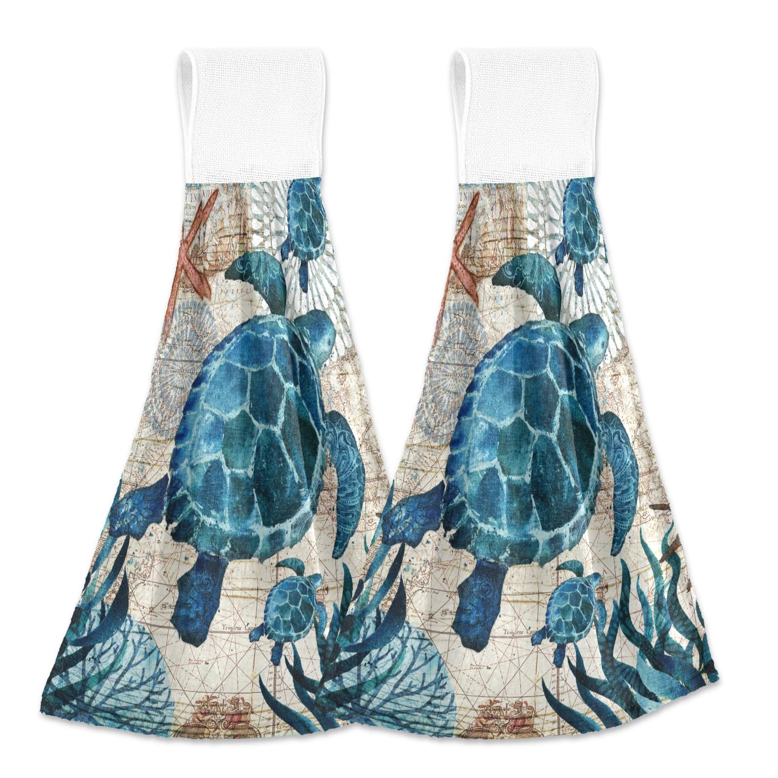 2 Pack Nautical Blue Sea Turtle Kitchen Hand Towels with Hanging Loop - Soft Absorbent Dish Tea Bar Towels for Bathroom, Kitchen & Housewarming - Perfect for Beach Themed Decor, Ocean Lovers & Coastal Home Accessories