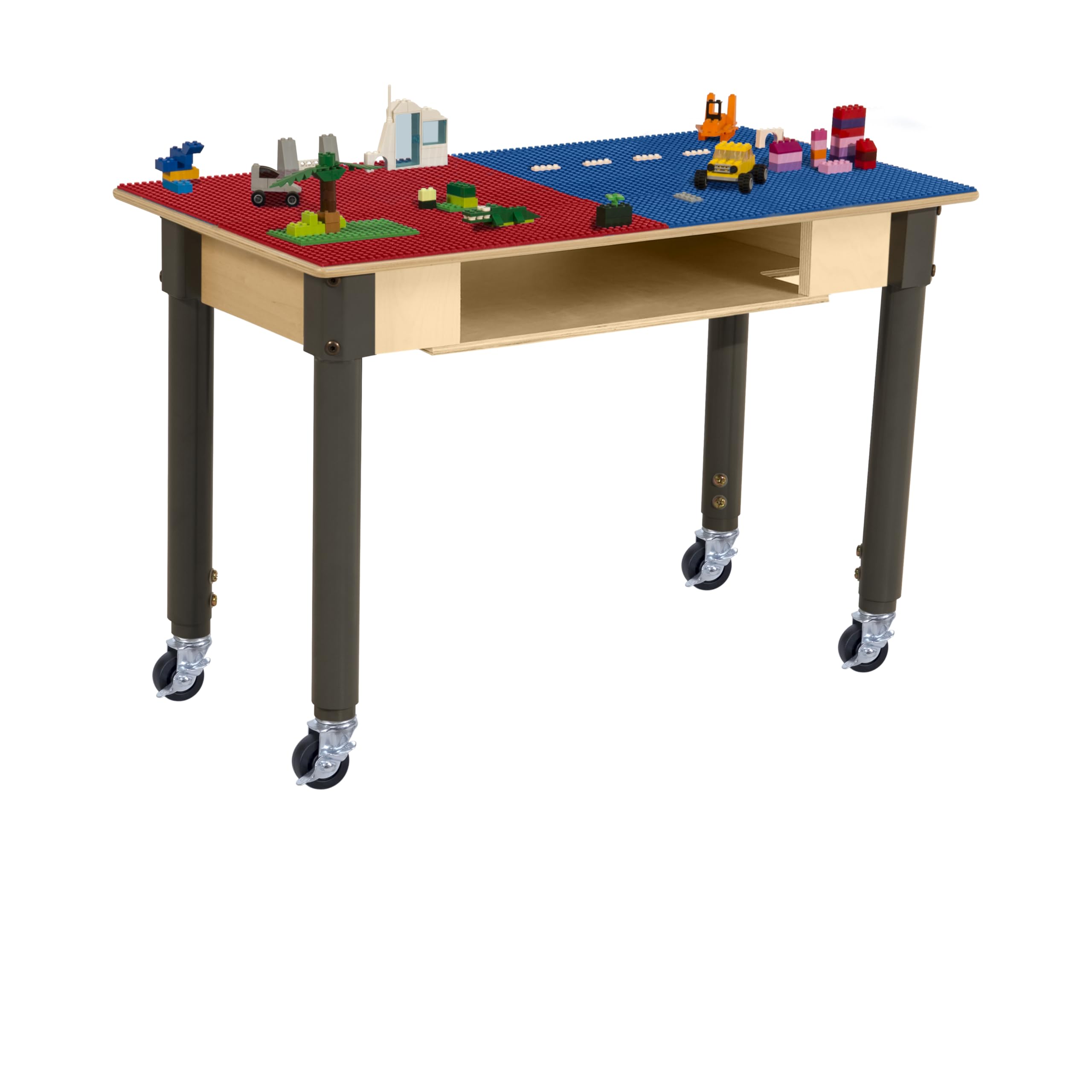 Montessori Play Table for Kids - Adjustable Height (18”-29”), Lego Compatible Building Blocks Table with Built-in Storage & Wheels, Rectangular Birch Plywood Design in Red & Blue - Perfect for Preschool Learning, Daycare Centers & Home Playrooms