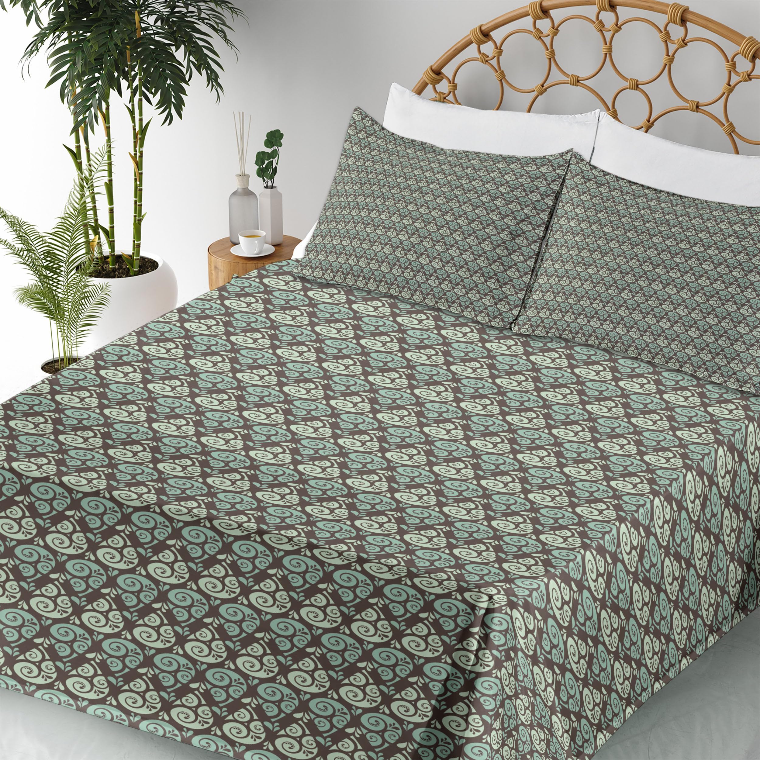 Ambesonne Abstract Raindrop Pattern Bed Sheet Set - 4 Piece Full Size with Fitted Sheet, Flat Sheet & Pillowcases - Mint Green Seafoam Brown Swirl Design - Soft Weather-Themed Bedding for Modern Bedrooms & Guest Rooms