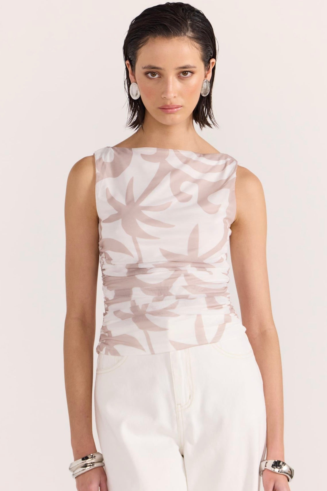 Celeste Beige Floral Mesh Top for Women - Elegant Lace Blouse for Summer, Party & Date Night Outfits