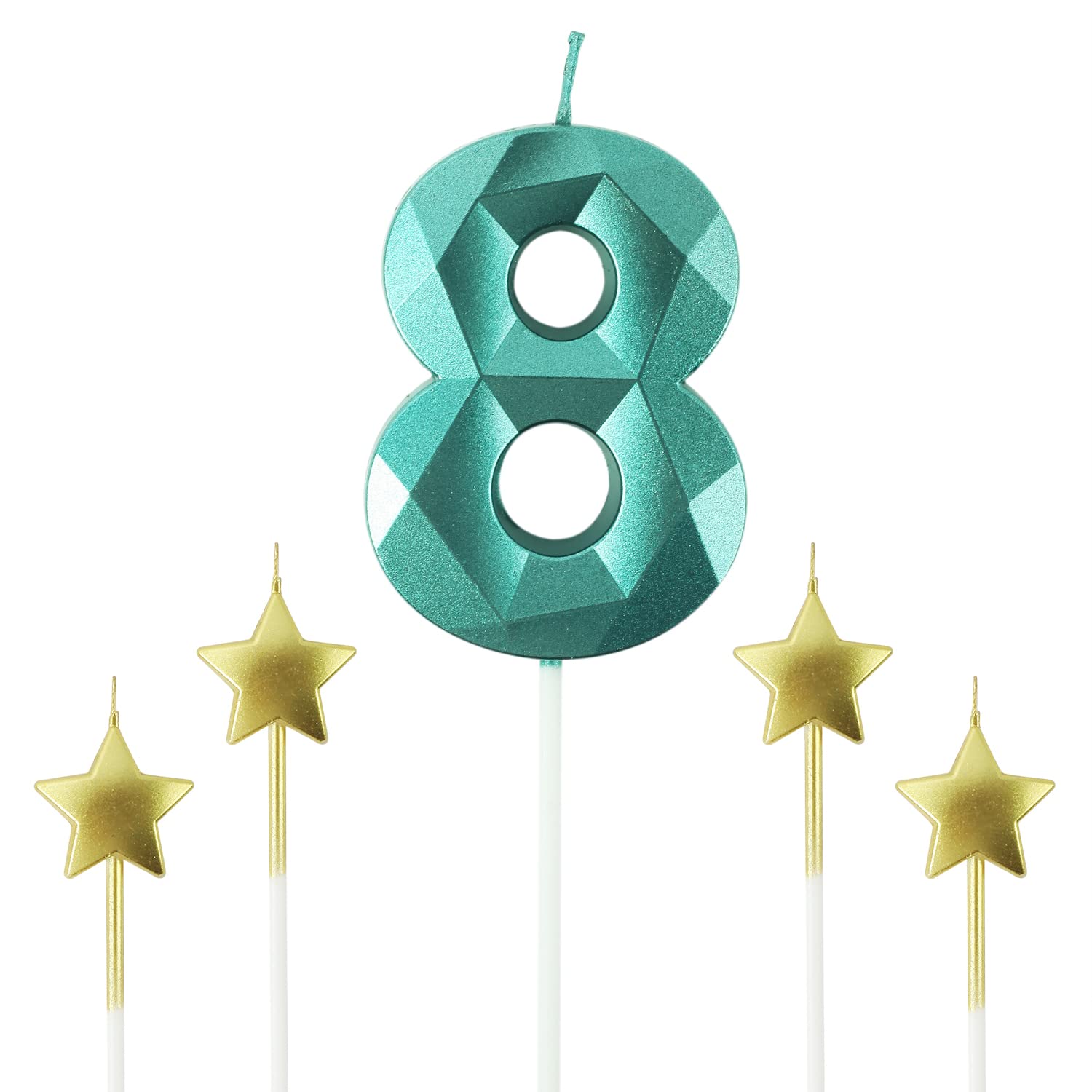 Premium 3D Diamond Shaped Birthday Candles - Set of Green Number 8 & Star Candles (2.76 inch) for Cake Decorations | Perfect for Birthday Parties, Anniversaries & Special Celebrations