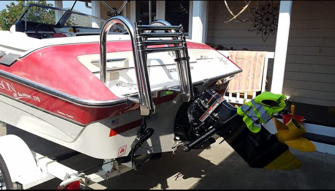 **4 Step Pontoon Boat Ladder - 316 Stainless Steel Folding Telescoping Ladder with Wide Steps & Safe Handrails - Heavy Duty Swim Deck & Dock Ladder for Rear Entry Inboard Boats - Perfect for Swimming, Boarding & Water Sports**
