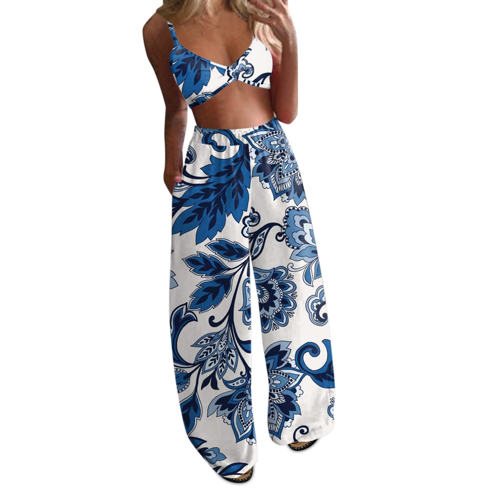 Boho Women's Printed Top & Wide Leg Crop Pants Set - 2 Piece Loose Pants Outfit for Casual Wear, Beach Vacation & Bridal Party Attire