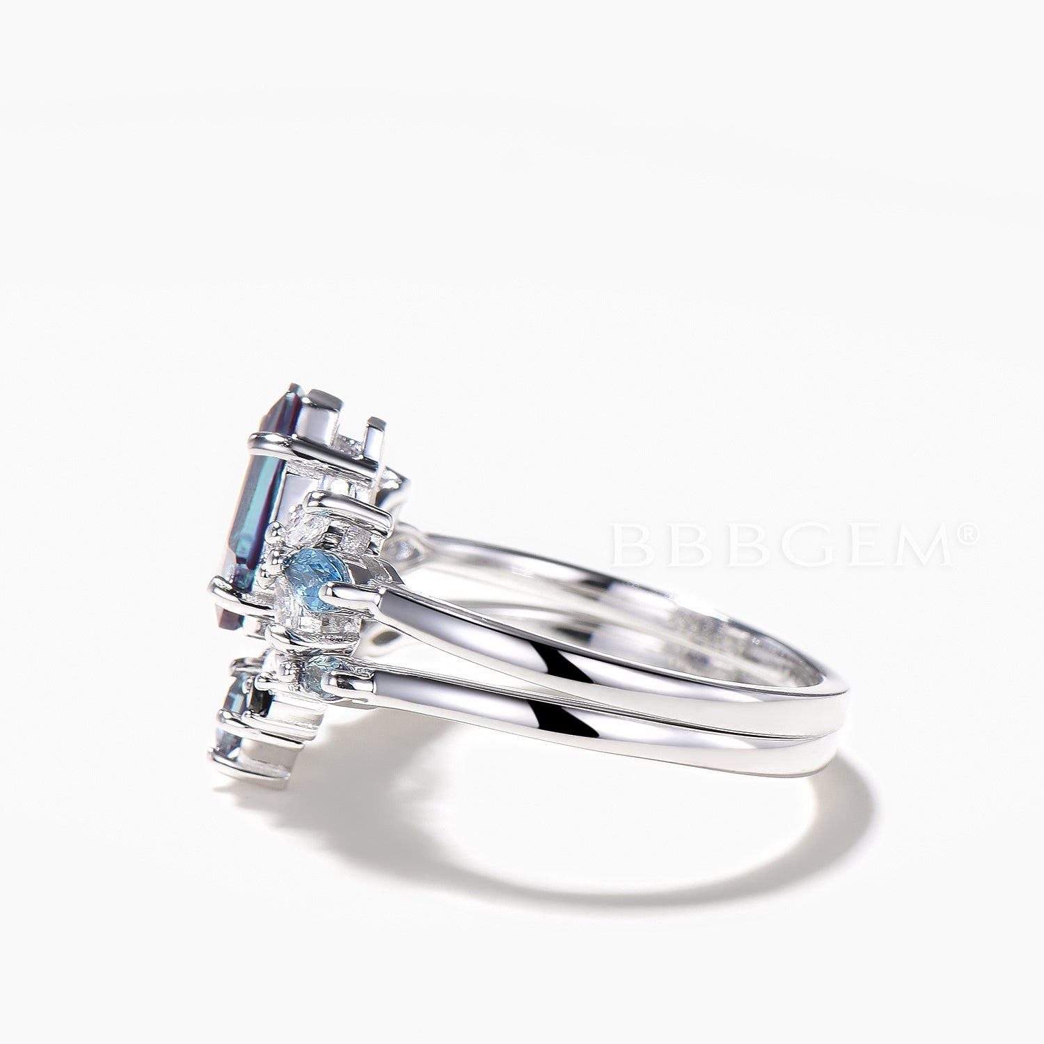 Stunning Color Change Alexandrite & Diamond Coffin Cut Engagement Ring Set with Topaz | Elegant Bridal Jewelry for Weddings, Proposals & Anniversaries