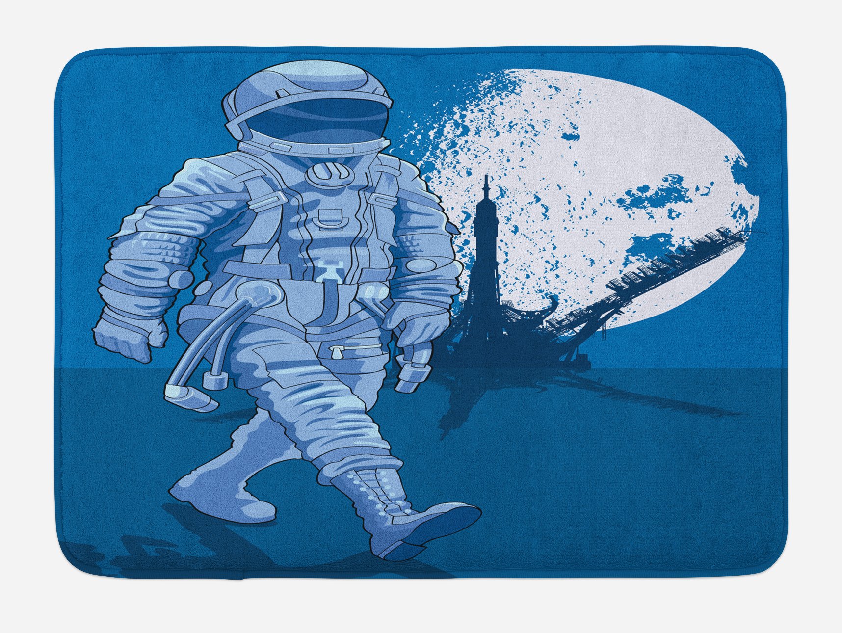 Ambesonne Astronaut Non-Slip Bath Mat - Plush Moon Walk Space Adventure Decor, 30.2 x 20 Inches, Night Blue & White - Perfect for Bathroom, Kids Room & Space Theme Decor