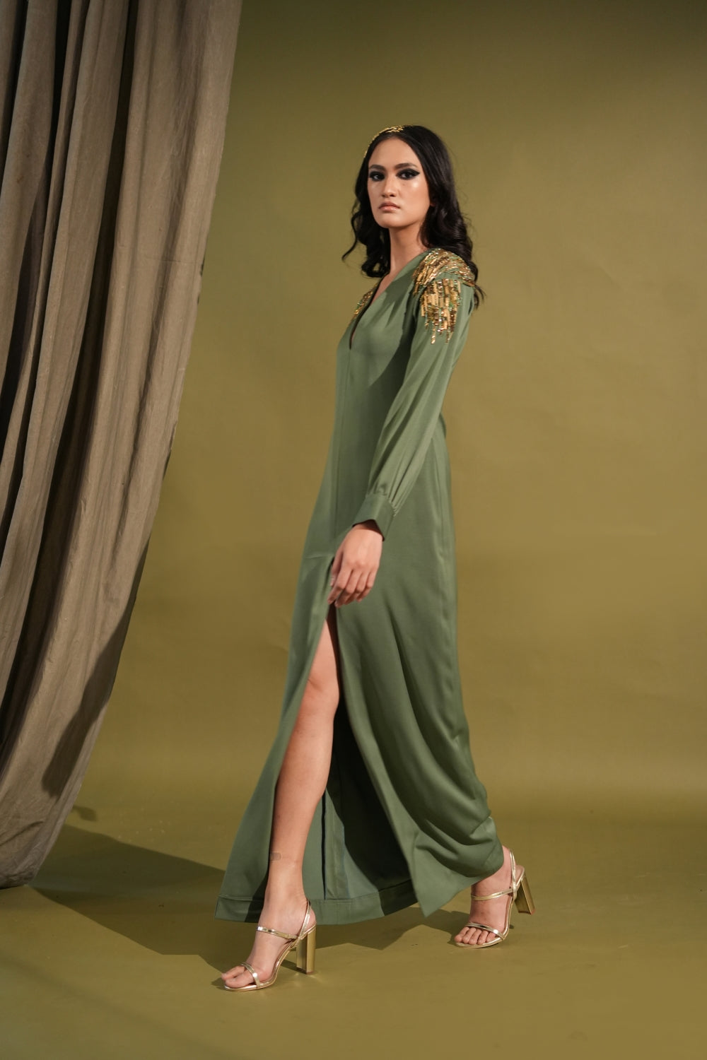 Elegant Dark Jade Green Slit Dress with Metallic Gold Embellishments - Perfect for Evening Parties, Cocktail Events & Special Occasions