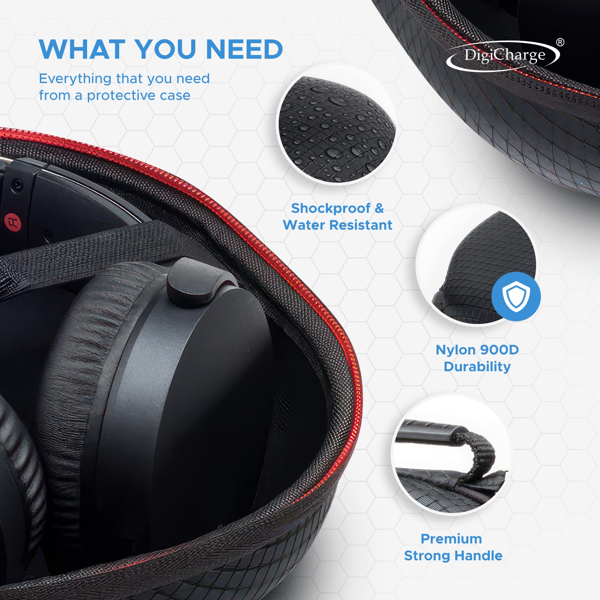 Digicharge Hard Protective Carry Case for Sony, JBL, Beats, Bose Over-Ear Headphones & SteelSeries Nova Arctis Prime, Mpow, Beexcellent, Logitech Gaming Headsets (19x23cm) - Durable Travel Storage for Headphone Protection at Home, Office, Gym or Travel