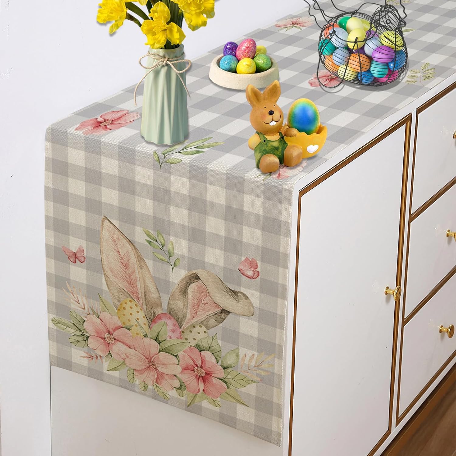 Easter Table Runner 72 Inches Long - Bunny Rabbit & Floral Pink Buffalo Plaid Design for Spring Summer Holiday Decorations - Perfect for Easter Dining Table, Buffet Decor, and Seasonal Home Decor (12x72 Inches)