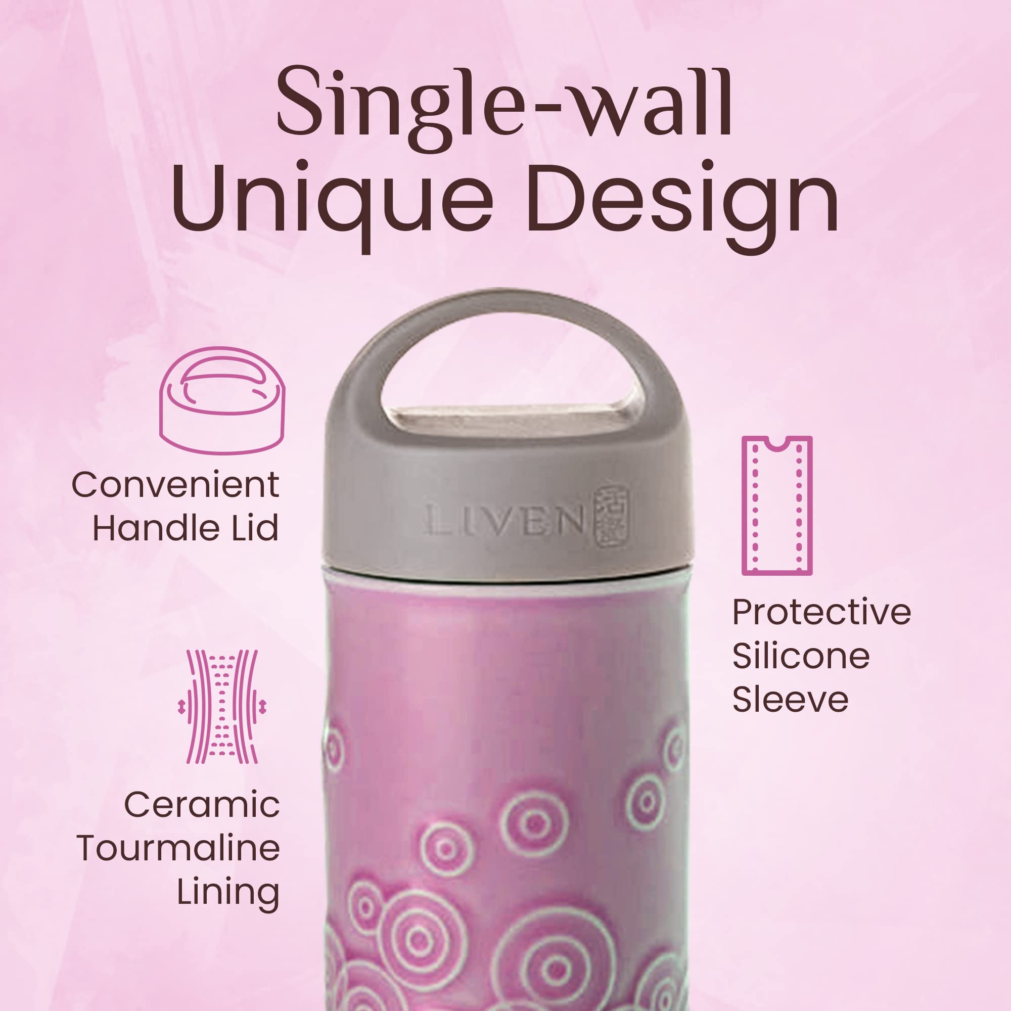 ACERA Liven - 10.5oz Destiny Travel Mug, Ceramic Tourmaline Insulated Tumbler for Coffee, Tea & Juice, Single Wall Stainless Steel Cup with Silicone Sleeve & Handle, Purple - Perfect for Office, Gym & Outdoor Adventures
