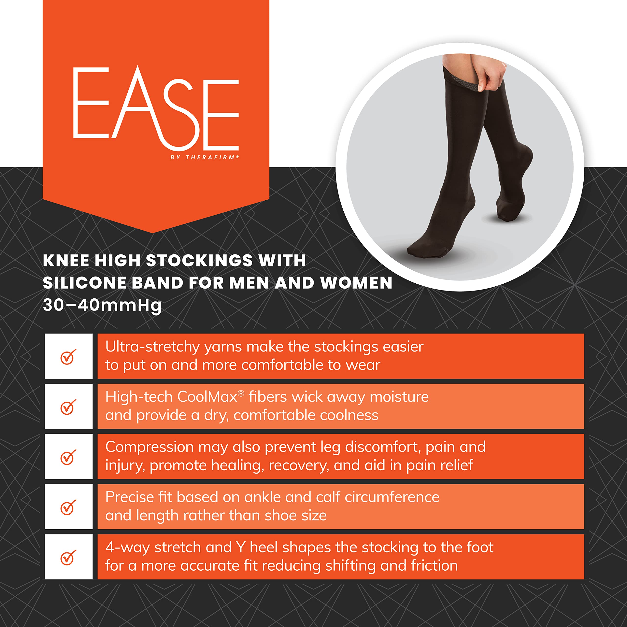 Firm Compression Stockings 30-40mmHg Knee High Opaque Silicone Support Band - Black, Large Short for Women & Men - Ideal for Varicose Veins, Swelling, Travel & Long Standing