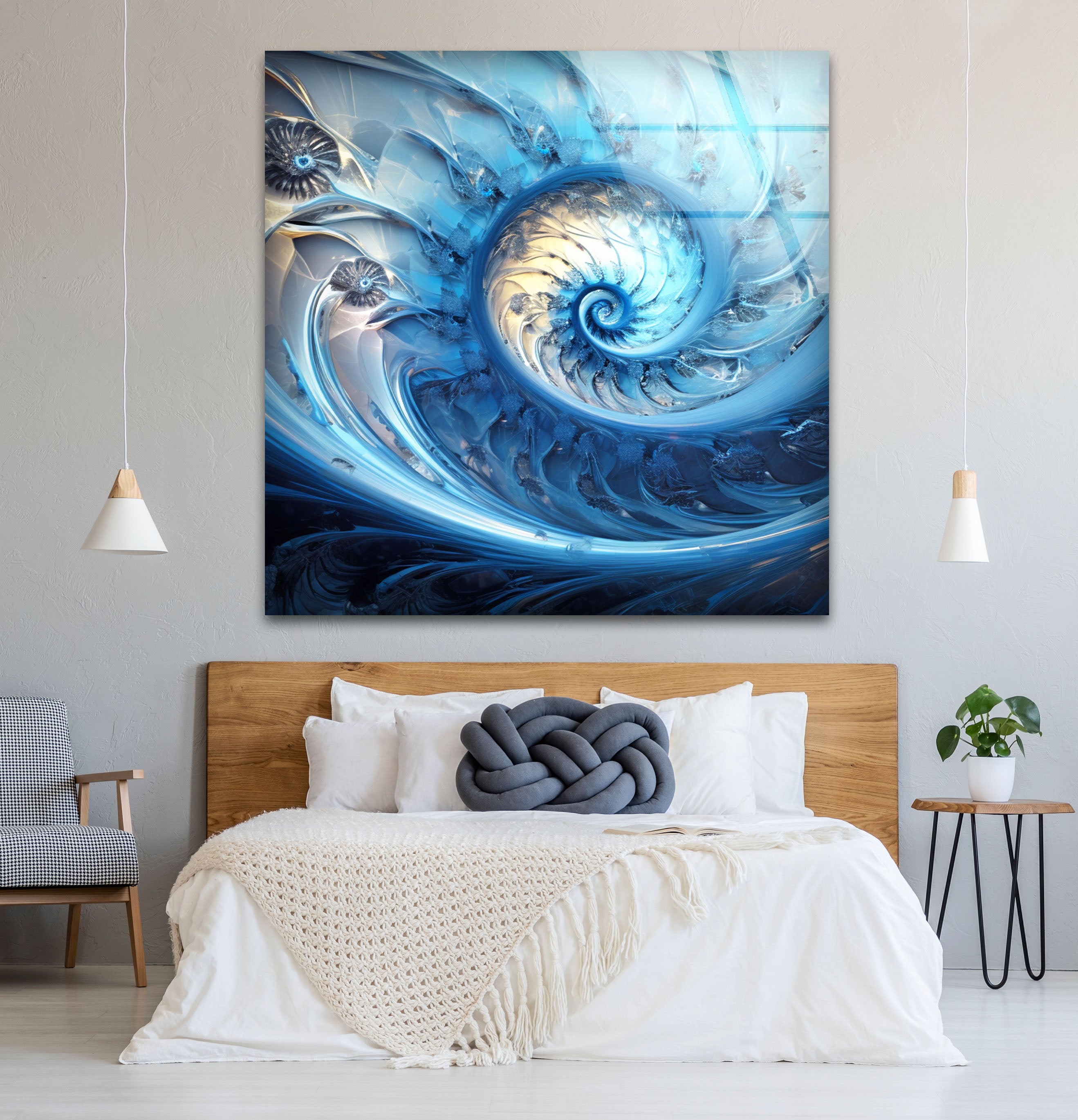 Blue Fractal Spiral Wall Art - Abstract Nautilus Glass Print for Modern Living Room & Office Decor | Perfect for Contemporary Home & Workspace Interiors