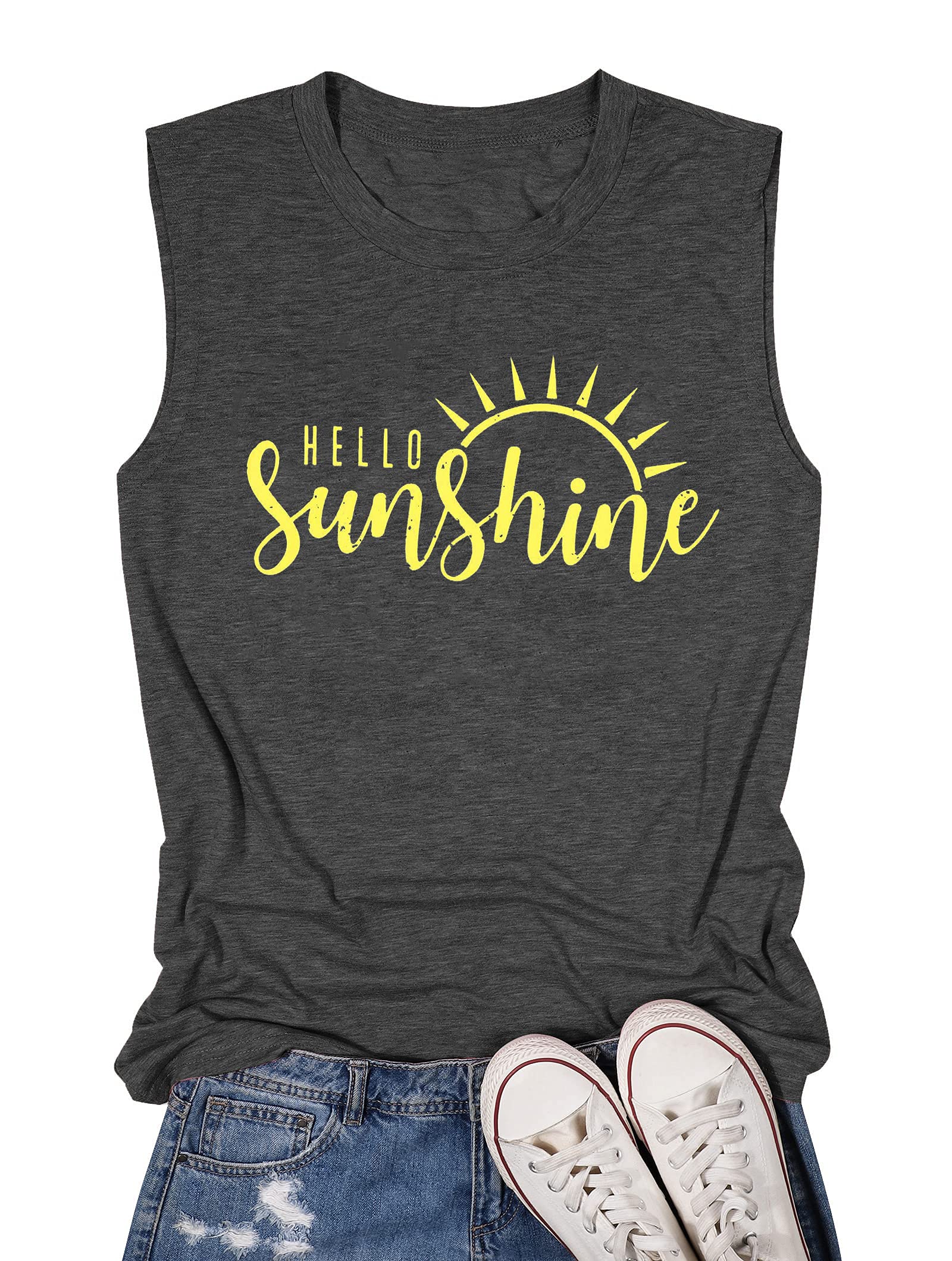 TAOHONG Hello Sunshine Tank Tops for Women - Cute Sleeveless Summer Shirts, Beach Vacation Vest Tee - Perfect for Pool Parties, Music Festivals & Casual Outings
