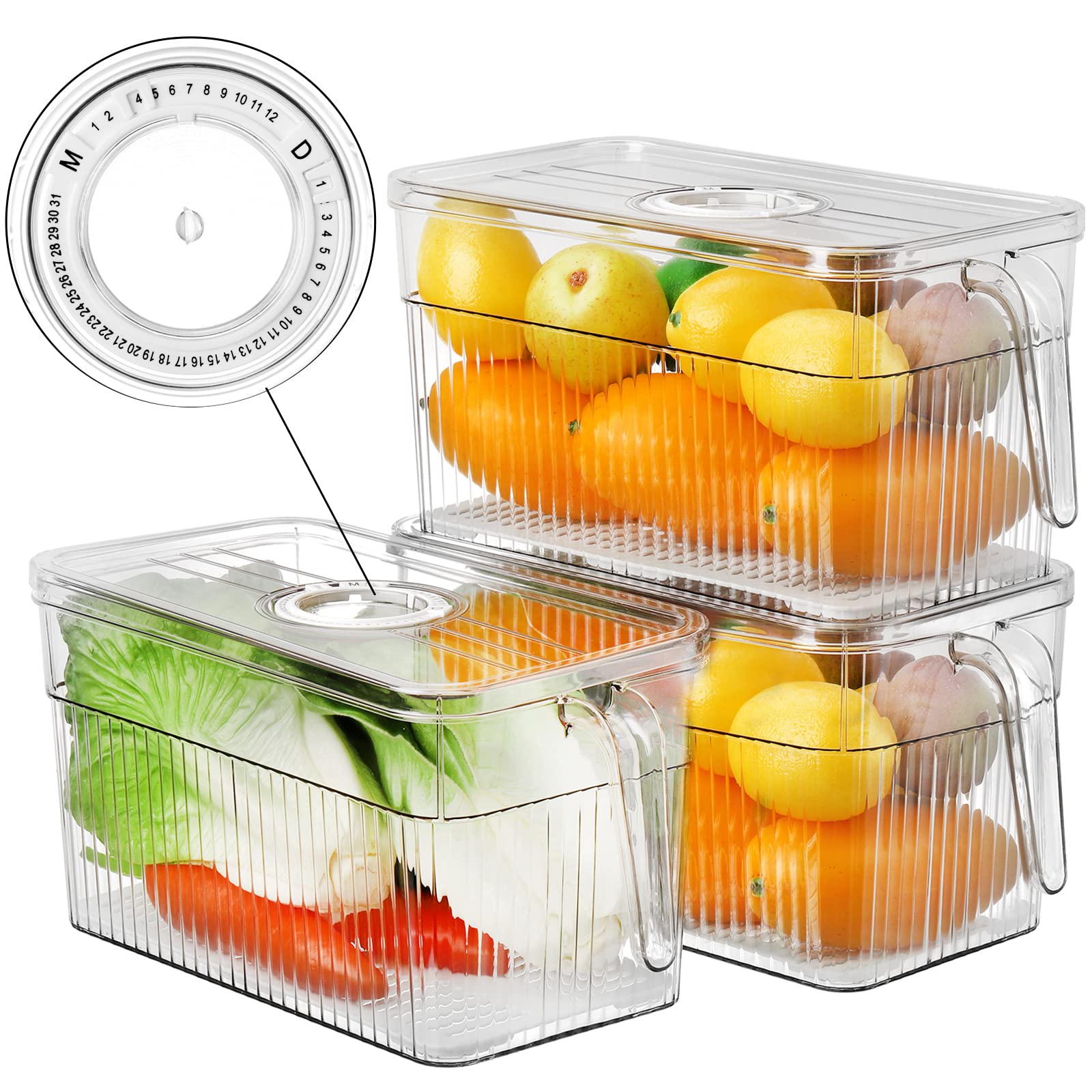 Nicunom 3-Pack 5L Refrigerator Storage Containers with Date Tracker - Airtight Produce Saver Bins for Fruits, Vegetables & Meat - Includes Handles, Lids & Drain Pan - Perfect for Kitchen Organization & Meal Prep Storage