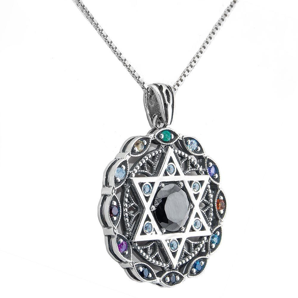 925 Sterling Silver Kabbalah Pendant with Hoshen Stones - Magen David & Black Onyx Jewelry for Spiritual Protection & Healing | Perfect for Meditation, Gifts & Jewish Traditions