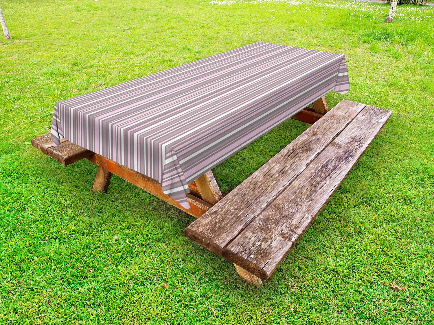 Ambesonne Geometric Outdoor Tablecloth - Modern Stripes Abstract Design, Washable Picnic Table Cover 58x104 Inches in Warm Taupe Pink & White - Perfect for Garden Parties, BBQs, and Outdoor Dining