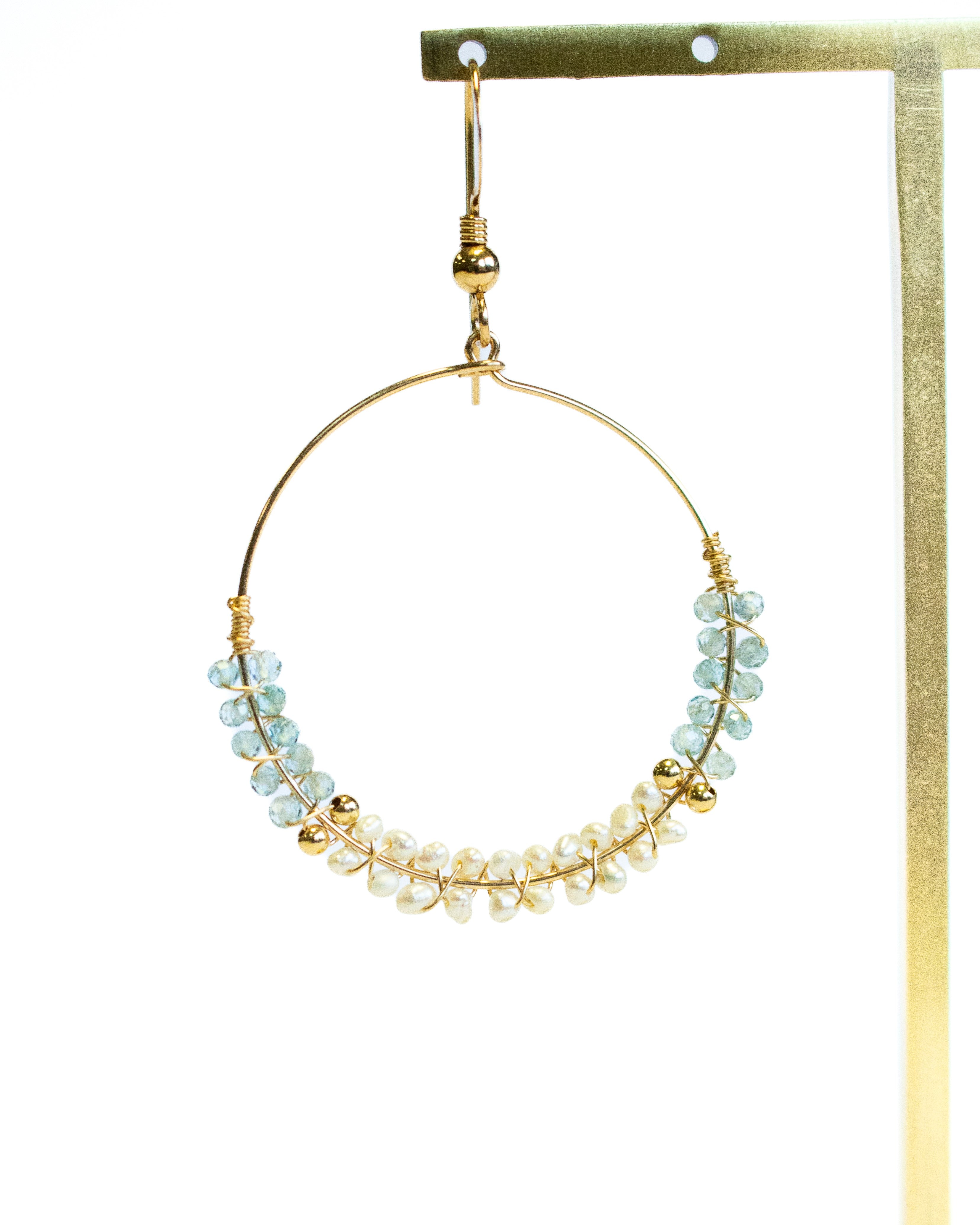 Blue Zircon & Pearl Hoop Earrings for Women - Elegant Dangle Earrings for Party, Wedding & Special Occasions | Julia Balestracci Jewelry Collection