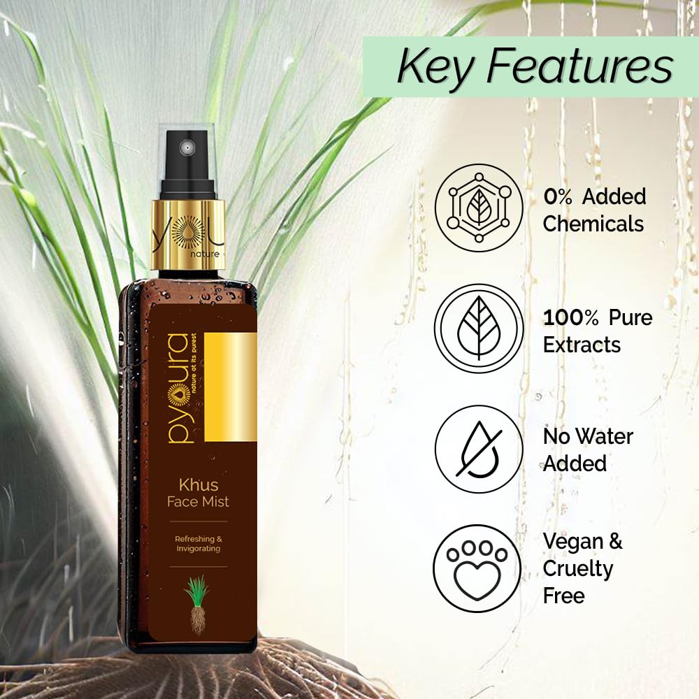 PYOURA Natural Khus Face & Body Mist 100ml - Instantly Cooling & Refreshing for Summer Heat Relief | 100% Pure Vertiver Perfume, No Chemicals | Perfect for Outdoor Activities, Yoga & Travel