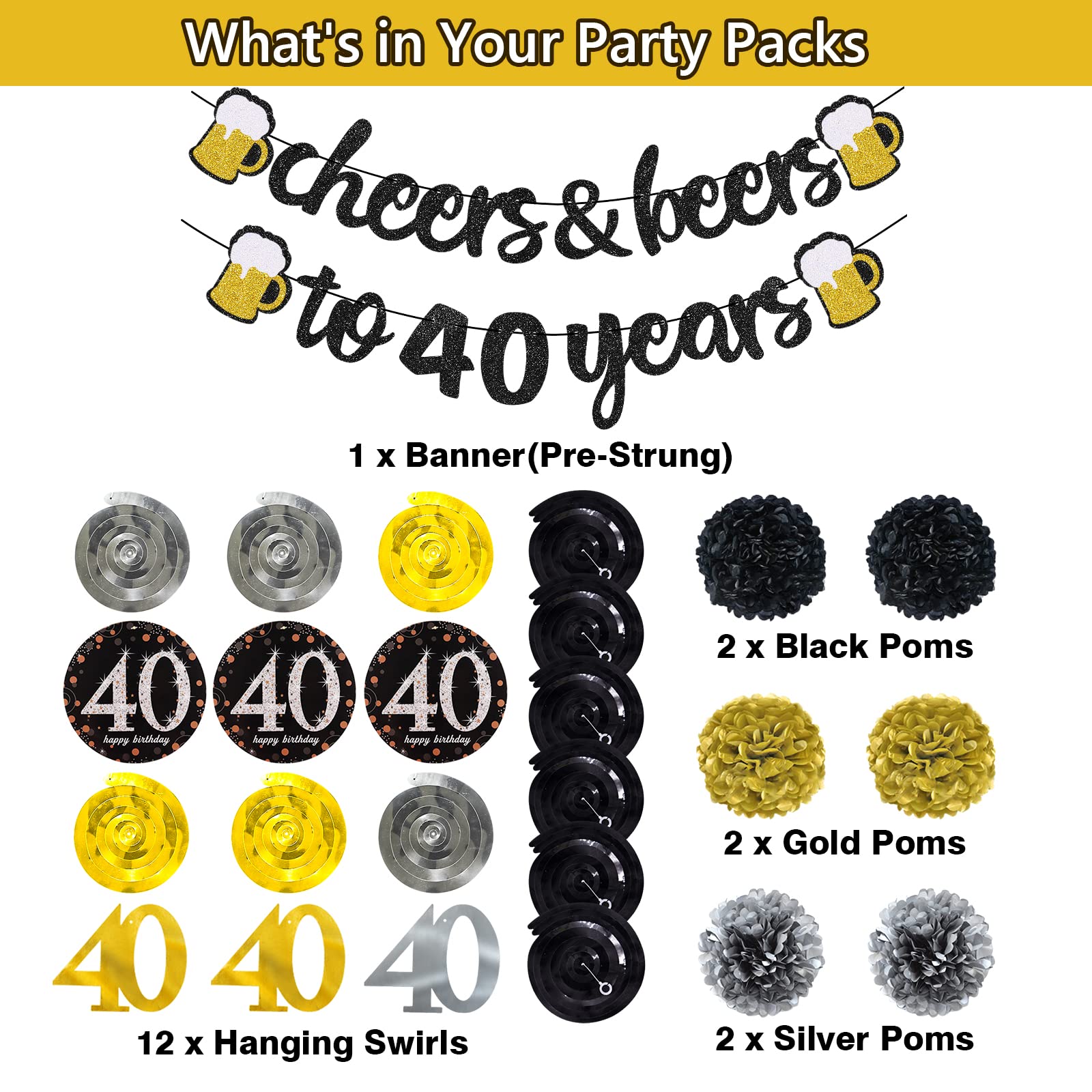 40th Birthday Party Decorations Kit for Men & Women - Cheers to 40 Years Banner, Pom Poms, Flowers & Sparkling Hanging Swirls - Perfect for 40th Birthday Celebrations, Wedding Parties & Anniversary Decorations