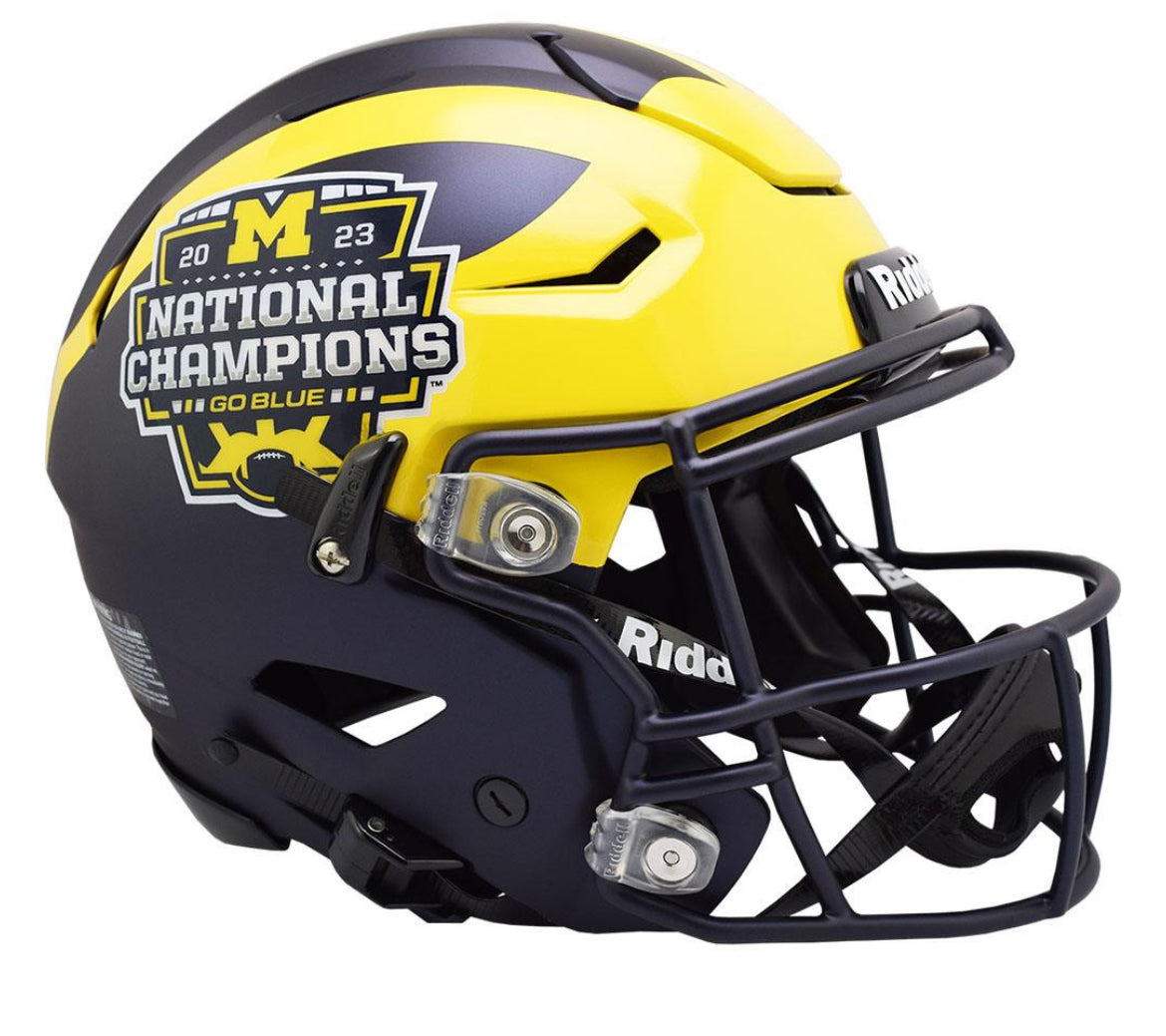 Michigan Wolverines 2023 CFP National Champions Riddell Mini Speed Helmet - Authentic Collectible Football Memorabilia for Fans & Display - Perfect for Game Room, Office Decor, or Gift for Sports Enthusiasts