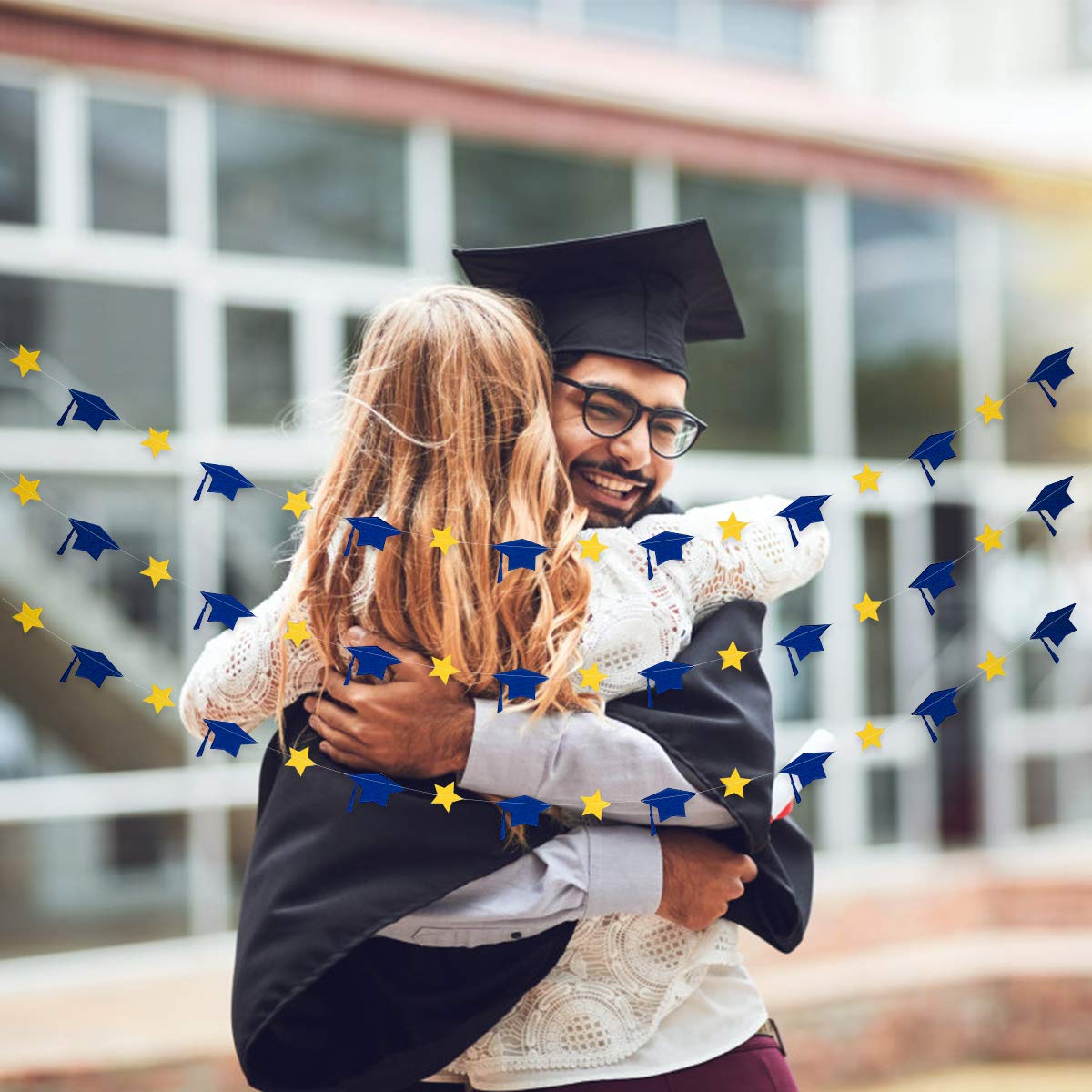 5Pcs Blue and Yellow Graduation Cap Garland - Class of 2025 Graduation Banner Decor for College Grad Party, Commencement Ceremony | Perfect for Graduation Photo Backdrops, School Events & Celebration Decorations
