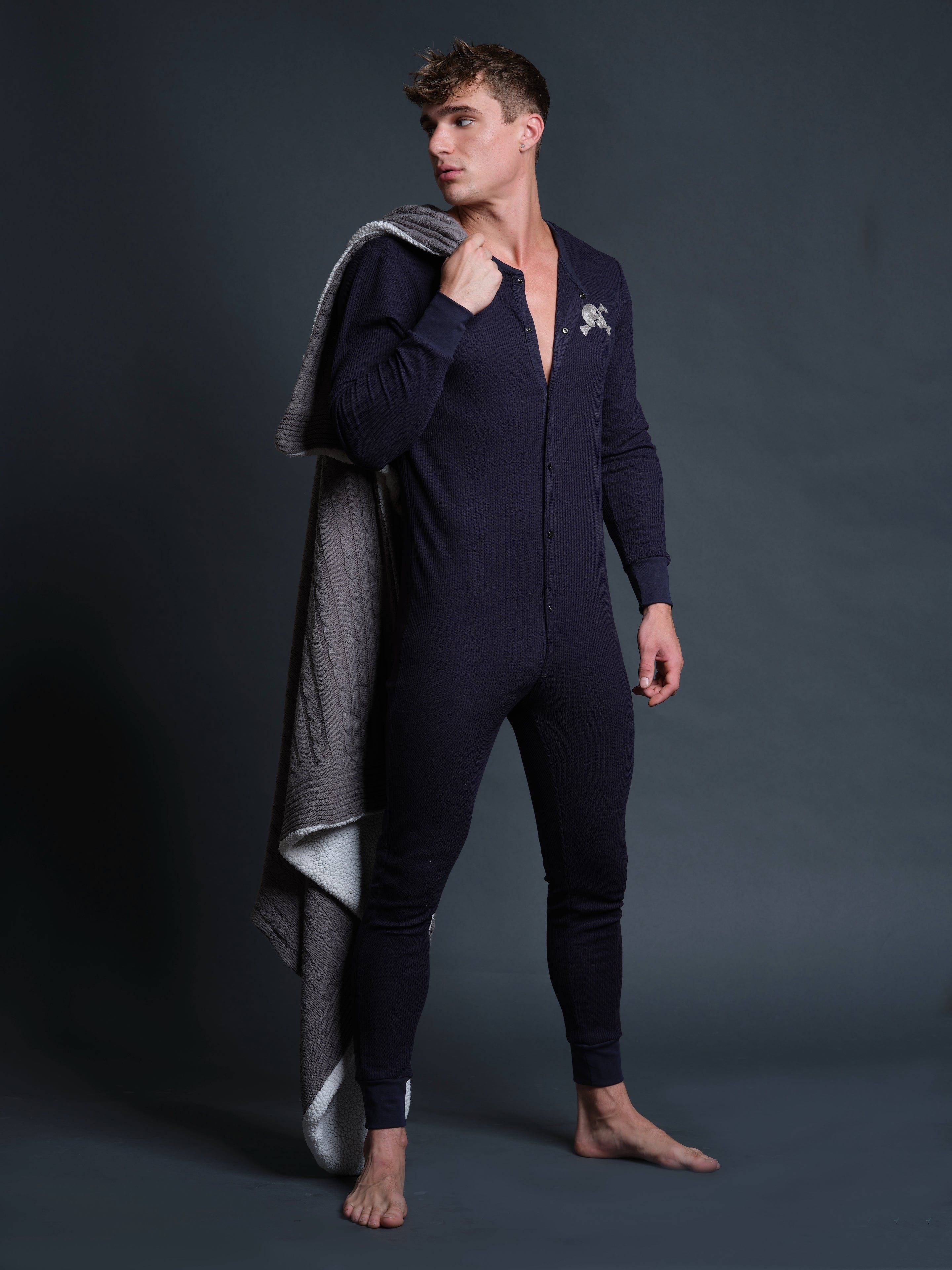 **S&B Signature Union Suit for Men - Navy Blue Thermal Underwear, Fleece-Lined Winter Base Layer - Perfect for Cold Weather, Outdoor Work & Camping**