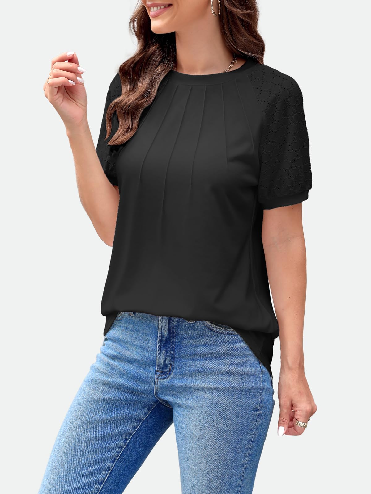 ZANZEA Women's Summer Tops - Puff Sleeve Blouses, Dressy Casual Crew Neck Short Sleeve Shirts, Pleated Tunic Loose T-Shirts for Work, Date & Vacation | Lightweight Comfortable Summer Fashion