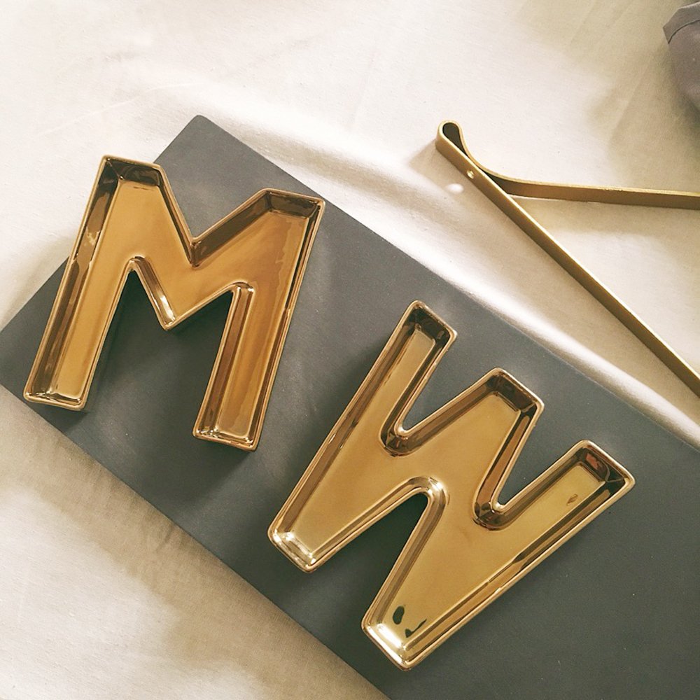 Gold Ceramic Letter M Dish Tray - Elegant Desk Organizer for Jewelry, Keys & Trinkets | Perfect for Home Office Decor & Gift Giving
