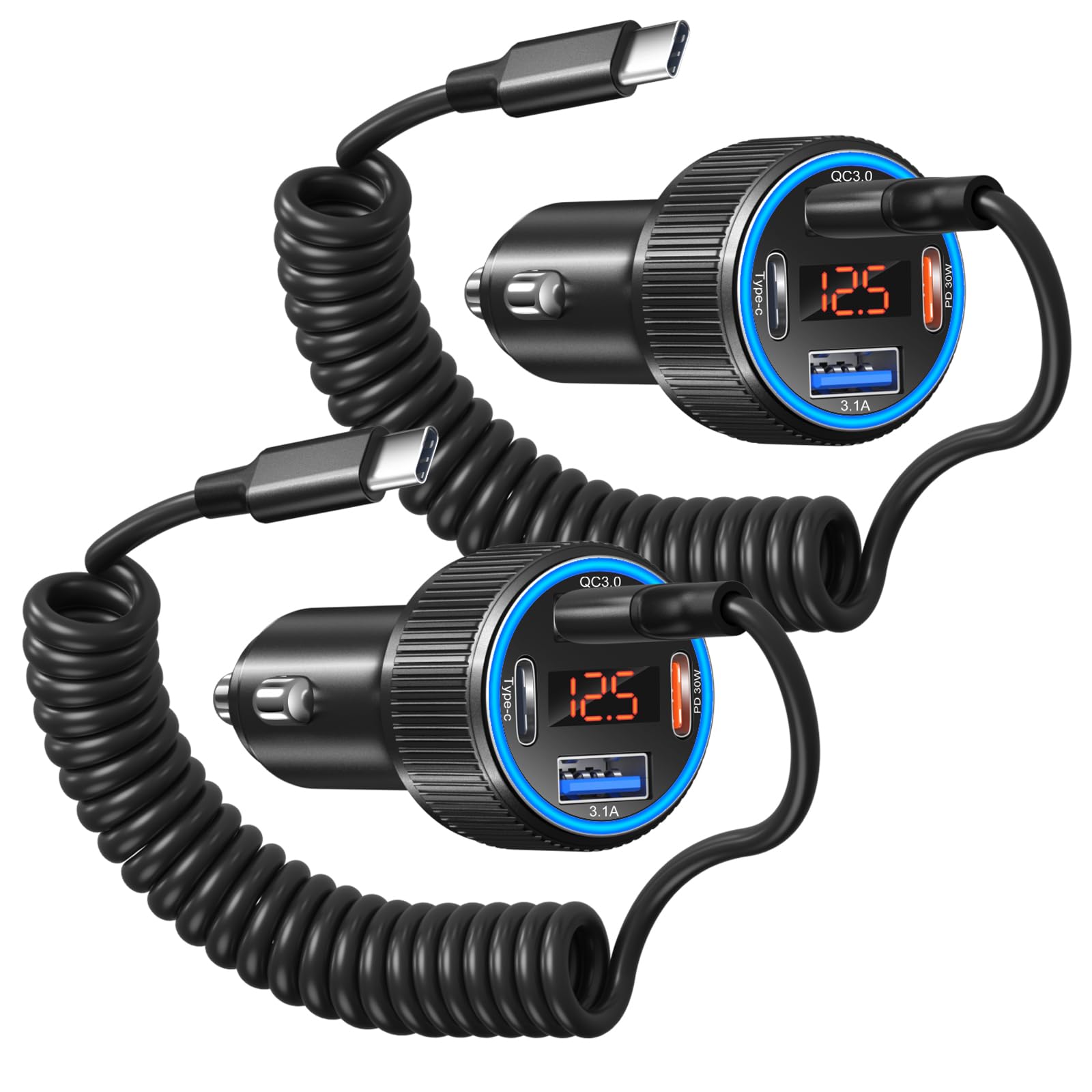 Besgoods 4-Port USB C Car Charger with Voltmeter & Retractable Cable - Fast Charging for iPhone 16/15 Pro Max, Galaxy S24/A15 & Android Devices (2-Pack) - Perfect for Road Trips, Commuting & Multi-Device Charging