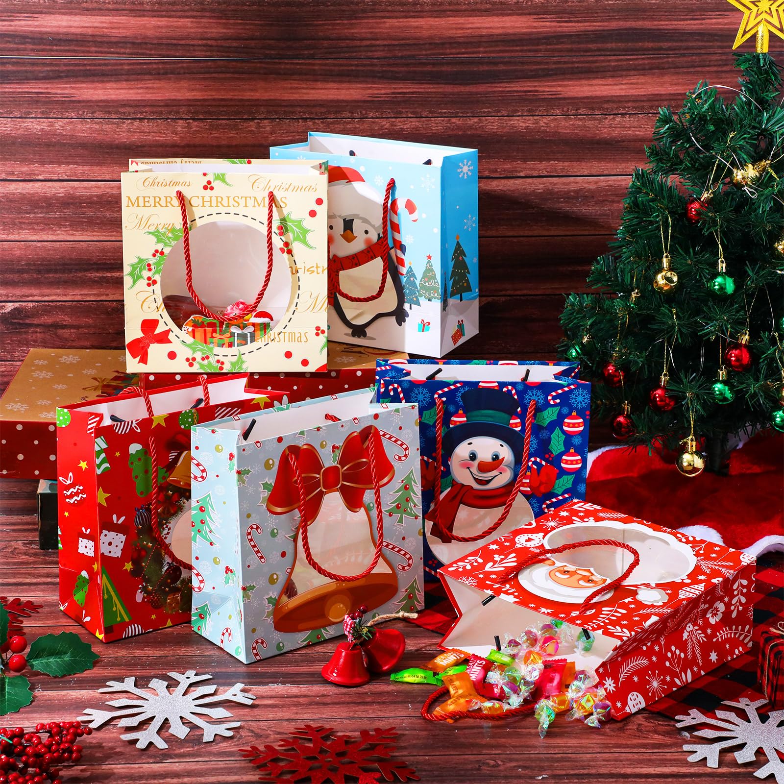 24 Pcs Christmas Gift Bags with Clear Window - 7.9x7.9x3.5 Inch Holiday Treat Bags - 6 Festive Designs for Cookies, Candies & Party Favors - Perfect for Xmas Gifting, Cookie Exchanges & Holiday Parties