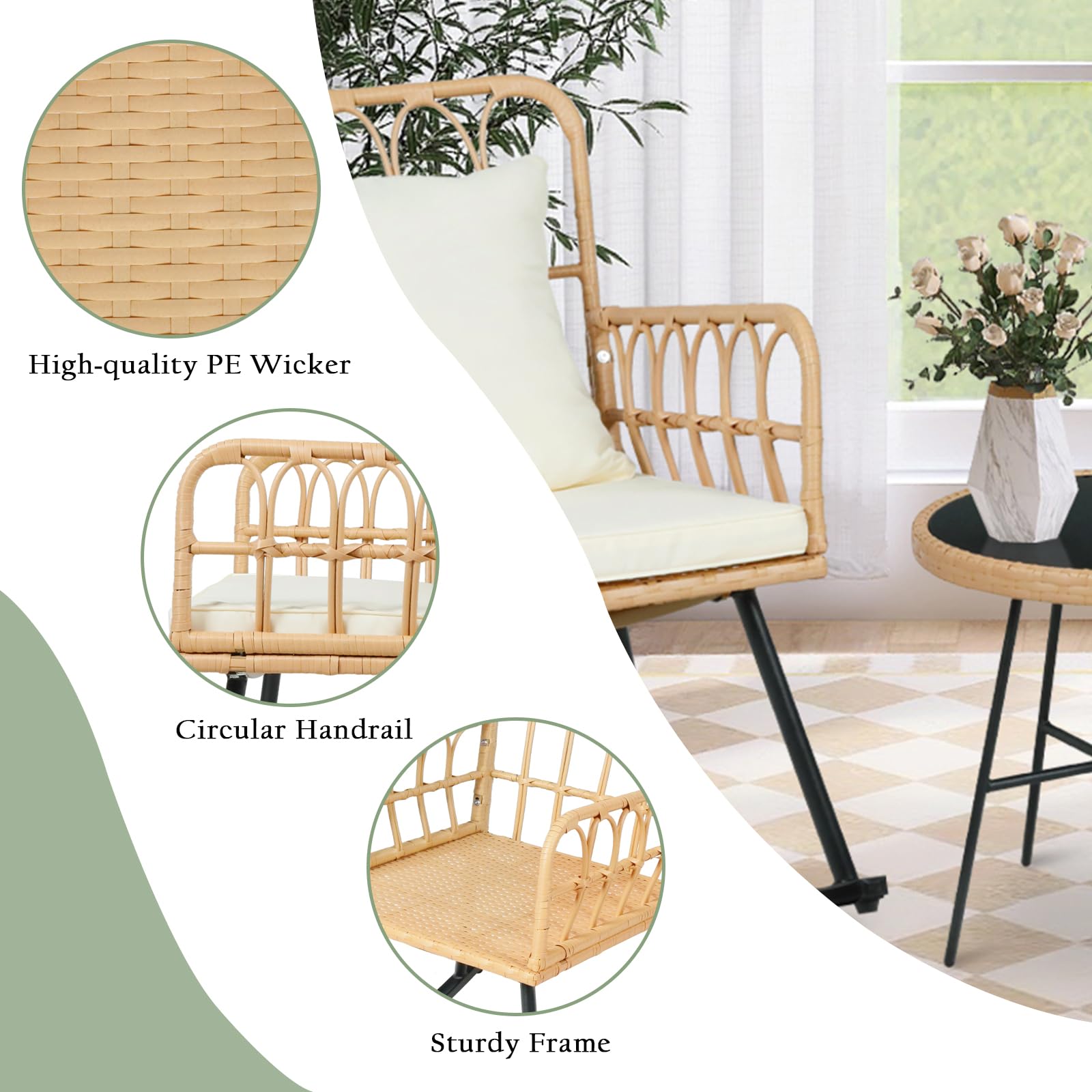 Vikiullf 2-Piece Patio Rocking Chair Set - Wide Outdoor Wicker Rattan Rockers with Thickened Cushions, 3-Piece Boho Furniture for Balcony, Garden, Porch & Living Room - Perfect for Relaxing, Reading & Entertaining Guests