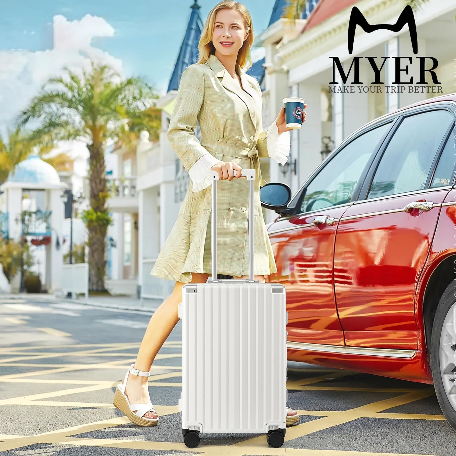 MYER 20 Inch Hard Shell Carry On Luggage - Airline Approved 22x14x9 Aluminum Suitcase with 3-Layer PC, Spinner Wheels, USB Charging Port & Cup Holder (Milky White) - Perfect for Business Travel, Weekend Getaways & Airplane Cabins
