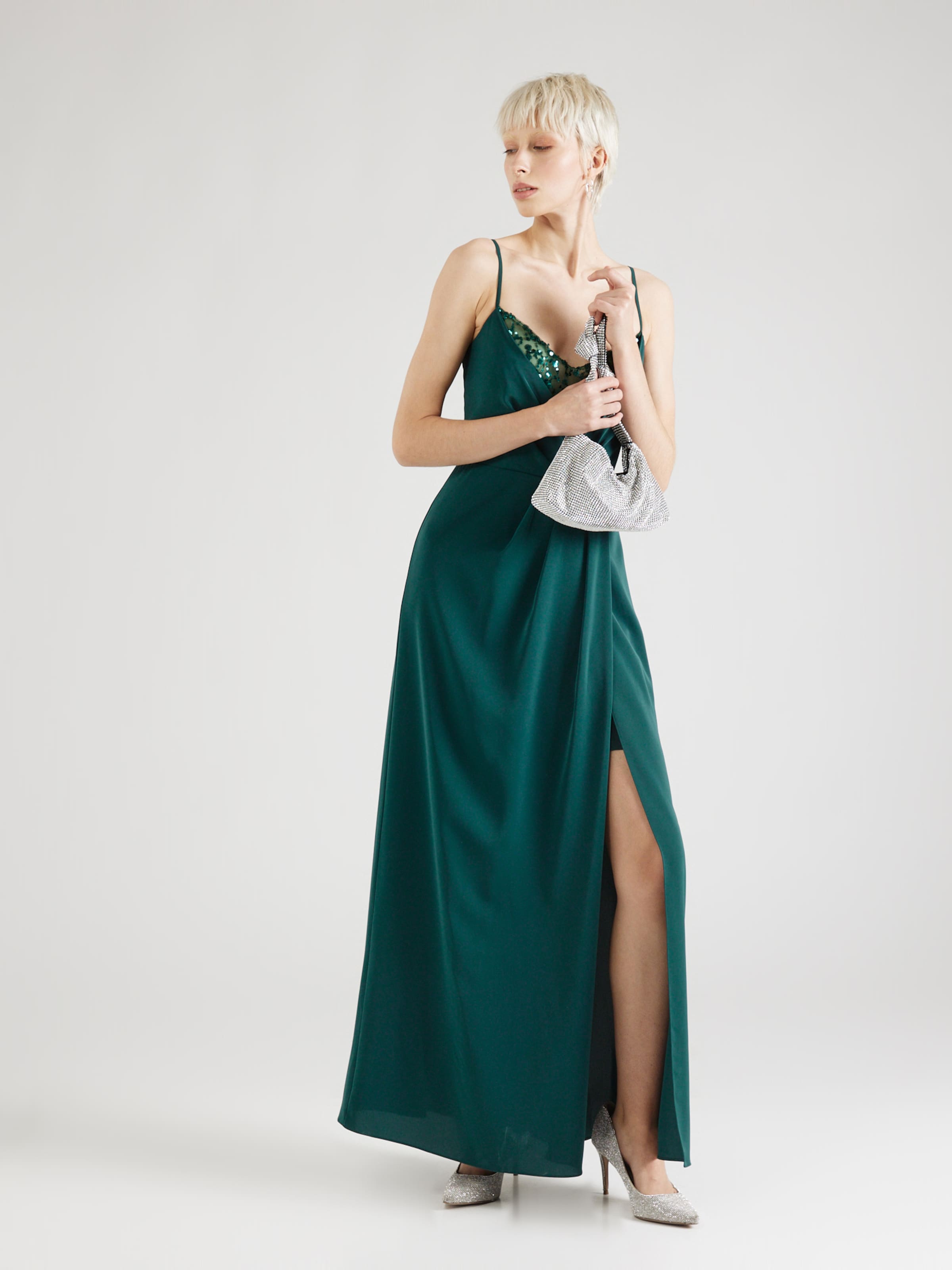 Elegant Green Crystal Embellished Pleated Maxi Dress for Women - Perfect for Weddings, Parties & Evening Events