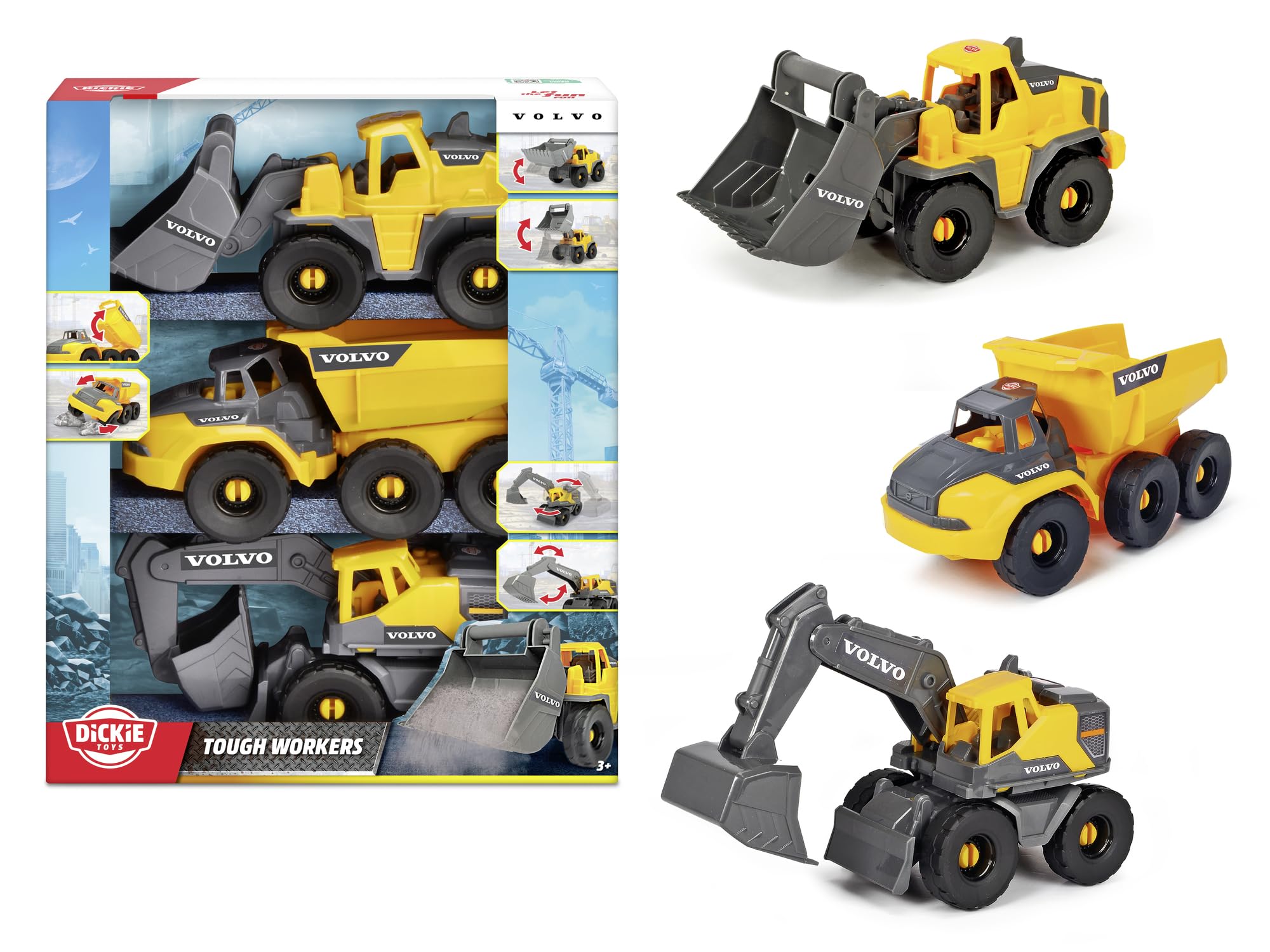 DICKIE TOYS 10 Inch Construction Truck 3 Pack - Excavator, Dump Truck & Cement Mixer Toy Set for Kids (203725007) | Pretend Play, Sandbox Fun & Construction Role Play