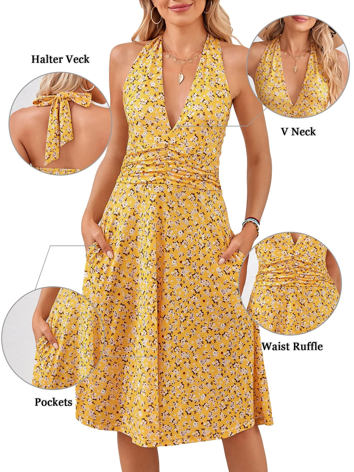 HUHOT Women's Summer Sundress - Sleeveless Halter Neck Floral Mini Dress with Pockets & Elastic Waist | Beach Vacation, Garden Party, Date Night Outfit | Spring 2025 Collection