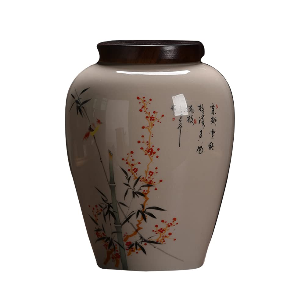 Vintage Ceramic Storage Jar with Wooden Lid - Airtight Food Container for Kitchen Pantry, Spices, Coffee & Dry Goods - Elegant Home Decor Jar (Large) - Perfect for Farmhouse, Rustic & Boho Style Kitchens