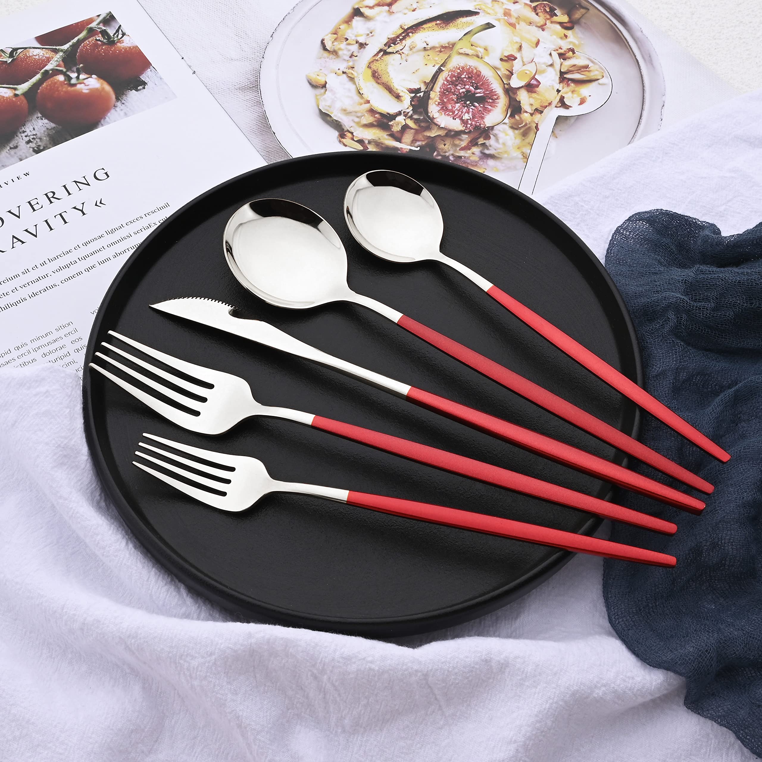 20-Piece Silverware Set for 4 - Stainless Steel Flatware Set with Spoons, Knives & Forks - Elegant Red Dinnerware for Family Gatherings, Restaurants & Daily Dining Use
