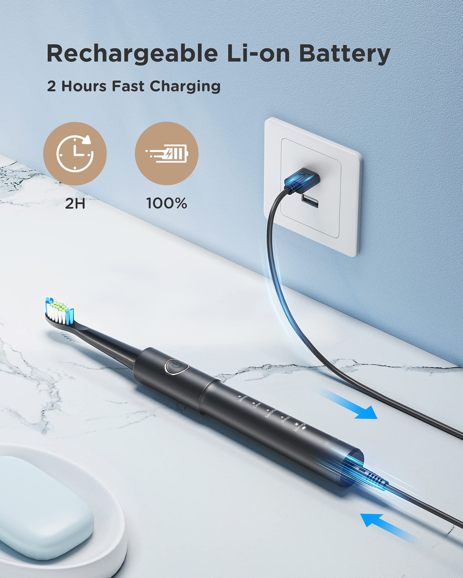 NINICE Sonic Electric Toothbrush for Adults & Kids - Rechargeable Toothbrush with 8 Brush Heads, 5 Cleaning Modes, 2-Minute Timer, 30-Day Battery Life (Black) - Perfect for Family Oral Care & Travel
