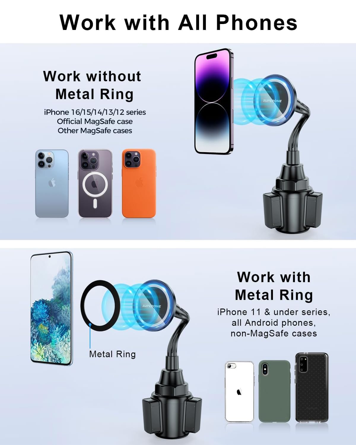 SUPERONE Magnetic Car Phone Holder for MagSafe - 20 Strongest Magnets, Adjustable Gooseneck Cup Mount Compatible with iPhone 16/15/14/13/12 Series & All Smartphones - Perfect for Hands-Free Driving, GPS Navigation & Safe Phone Access