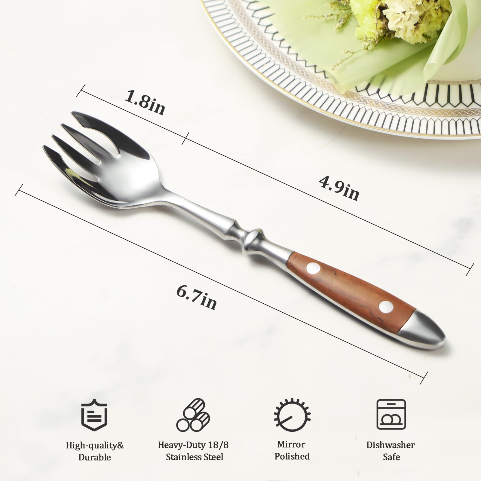 Premium 18/8 Stainless Steel Sporks Set of 4 - Durable Salad Forks & Spoons with Comfortable Wood Grain Bakelite Handle - Perfect for Picnics, Camping, BBQs, Office Lunches & Home Dining (Salad, Fruit, Dessert, Appetizer)