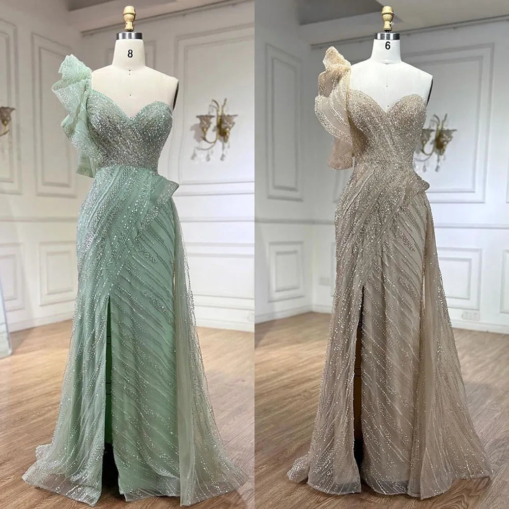 Elegant One Shoulder Nude Mermaid Evening Dress with Beaded Overskirt - Women's Formal Gown for Weddings, Prom & Special Occasions | Serene Hill LA72389